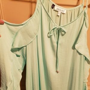 JLo soft mint green, cold shoulder blouse. EUC